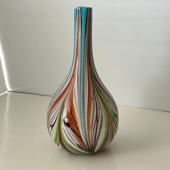 Murano Art Glass Vase Multicolor Bulbous Psychedelic Fluid Feather Striped Decor - Picture 4 of 16